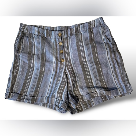 J Jill Linen Blend Shorts Blue Striped Button Fly Cuffed Sz L - Picture 2 of 7
